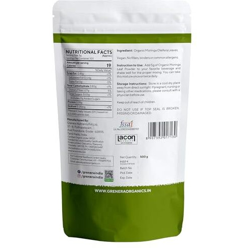 Grenera Organic Moringa Leaf Powder 500 Gram, Organically Grown Powdered Moringa Leaves, Tested For Heavy Metals | Chemical Free | Lab - Tested | Natural Plant-Based Superfood | Rich In Nutrients | Sustainably Sourced