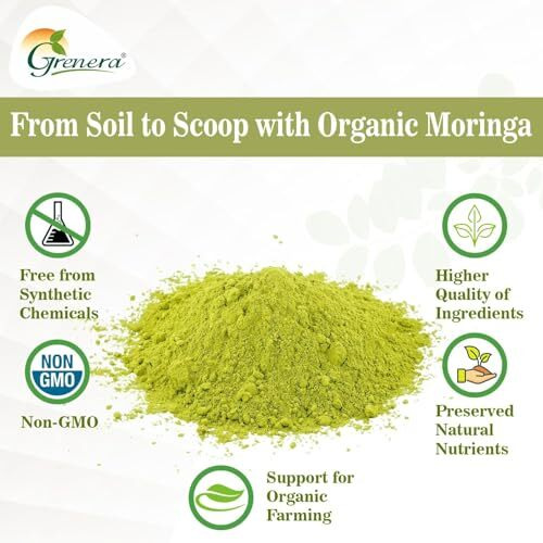 Grenera Organic Moringa Leaf Powder 500 Gram, Organically Grown Powdered Moringa Leaves, Tested For Heavy Metals | Chemical Free | Lab - Tested | Natural Plant-Based Superfood | Rich In Nutrients | Sustainably Sourced