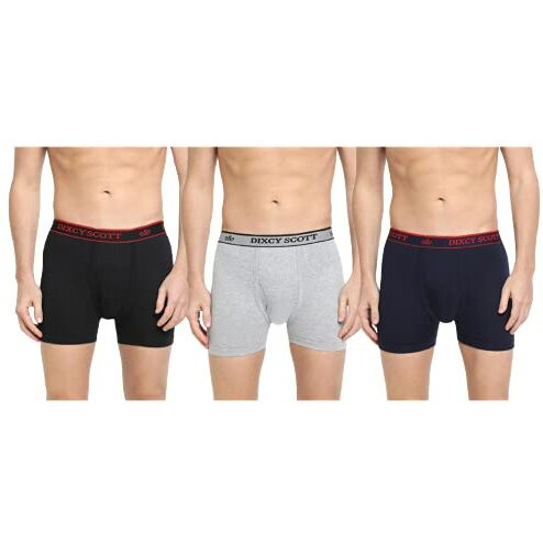 Dixcy Scott Pure Cotton MenS Long Trunk Comfort Fit Solid Innerwear Outer Elastic With Spandex (Pack Of 3) (Cross_Navy/Gry Mel/Black_L)