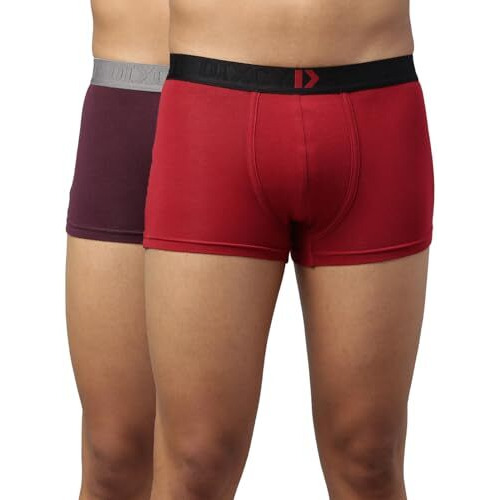Dixcy Scott Maximus Mens Cotton Maxmius Solid Mid Rise Body Fit Innerwear - Elate Trunk(Wine And Barbados Cherry - Pack Of 2)-Large