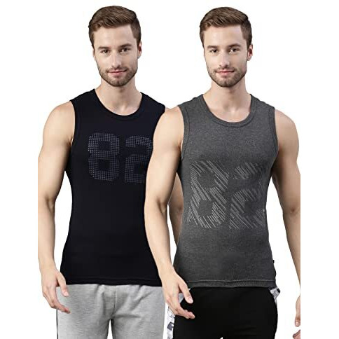 Dixcy Scott Men's Cotton Regular Fit Vest Navy/Charcoal Melange L (Pack Of 2), Large