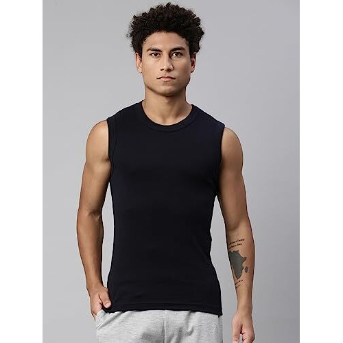 Levi's Men's Cotton Style 014 Gym Regular Fit Solid (014-Vest_Lt. Grey Melange, Navy_L)