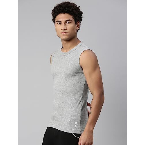 Levi's Men's Cotton Style 014 Gym Regular Fit Solid (014-Vest_Lt. Grey Melange, Navy_L)