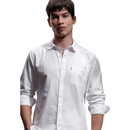 Highlander Men's Solid Slim Fit Shirt (Hlsh010019_White