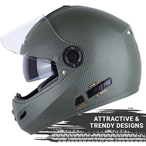 Steelbird Rox Cyborg Isi Certified Full Face Helmet For Men And Women With Inner Smoke Sun Shield And Outer Clear Visor (Large 600 Mm, Dashing Battle Green)