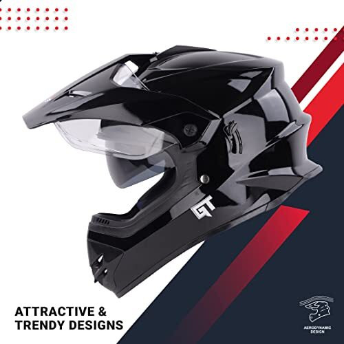 Steelbird Gt Off Road Isi Certified Motocross Double Visor Full Face Helmet Outer Clear Visor And Inner Smoke Sun Shield (Glossy Black , Medium 580 Mm)