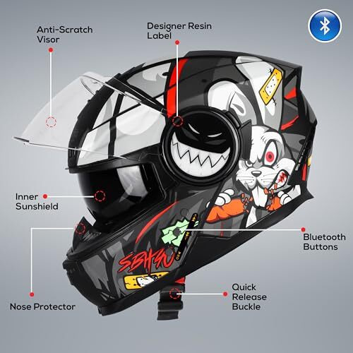 Steelbird Crazy Doe Bluetooth Full Face Isi Certified Helmet For Men With Inner Smoke Sun Shield | Sbh-40 7Wings (Large 600 Mm, Glossy Black Grey)