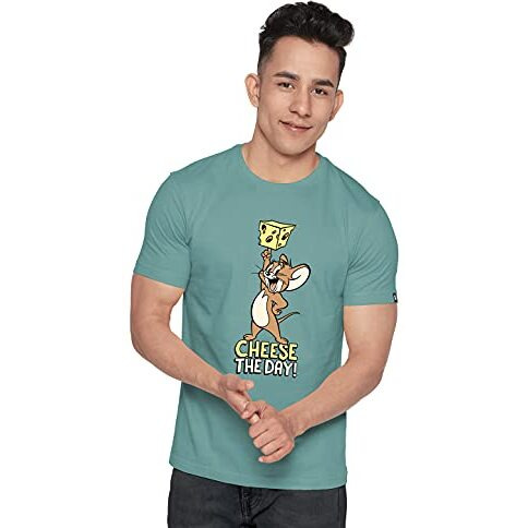 The Souled Store | Tom And Jerry Cheese The Day Round Neck Half Sleeve Mens And Boys | Graphic Printed 100% Cotton T-Shirt Grey Color