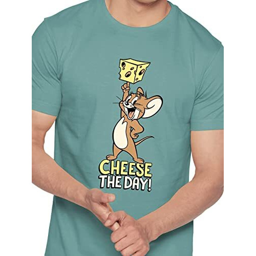 The Souled Store | Tom And Jerry Cheese The Day Round Neck Half Sleeve Mens And Boys | Graphic Printed 100% Cotton T-Shirt Grey Color