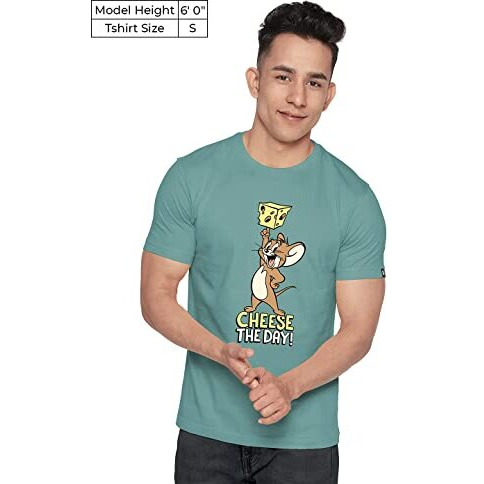The Souled Store | Tom And Jerry Cheese The Day Round Neck Half Sleeve Mens And Boys | Graphic Printed 100% Cotton T-Shirt Grey Color