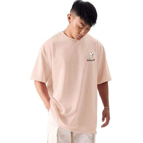 The Souled Store|Mens & Boys Official Round Neck|Peanuts Chillin Pink Color Printed|Half Sleeve Oversized|100% Cotton T-Shirts