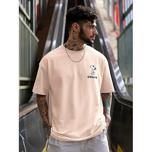 The Souled Store|Mens & Boys Official Round Neck|Peanuts Chillin Pink Color Printed|Half Sleeve Oversized|100% Cotton T-Shirts