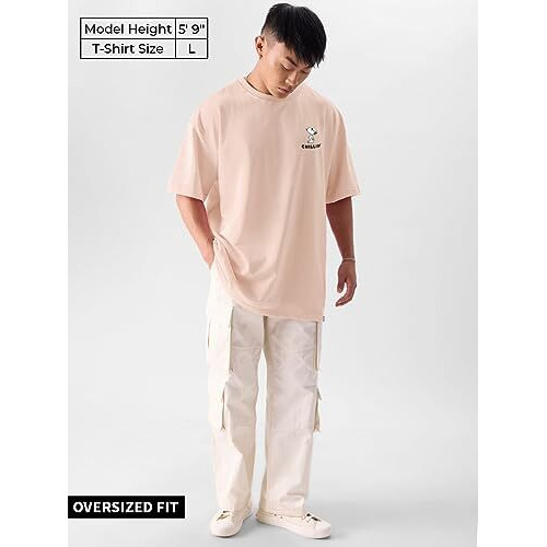The Souled Store|Mens & Boys Official Round Neck|Peanuts Chillin Pink Color Printed|Half Sleeve Oversized|100% Cotton T-Shirts