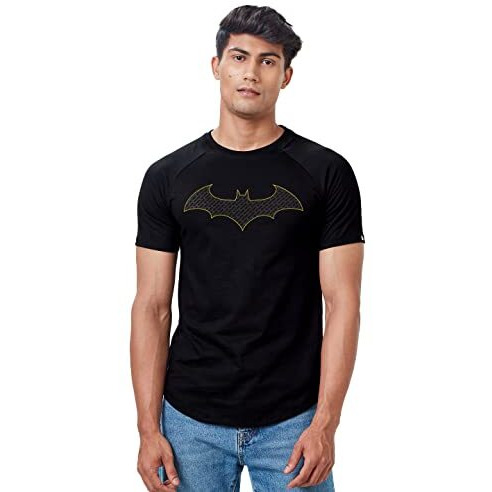 The Souled Store Men Official Batman The Emblem Black Printed Drop Cut T-Shirts Drop Cut T-Shirts Fashionable Trendy Graphic Prints Pop Culture Merchandise