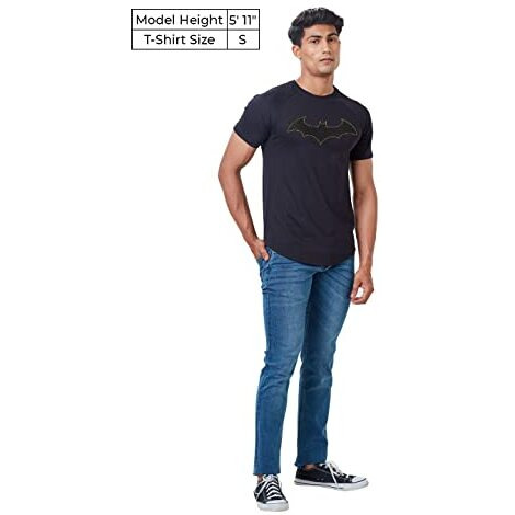 The Souled Store Men Official Batman The Emblem Black Printed Drop Cut T-Shirts Drop Cut T-Shirts Fashionable Trendy Graphic Prints Pop Culture Merchandise