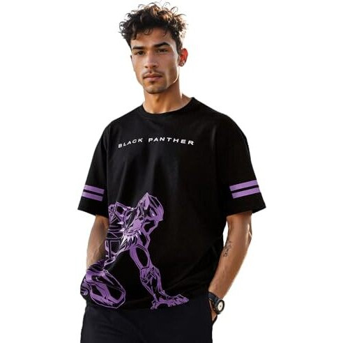 The Souled Store Official Black Panther Panther Power Black Oversized T Shirts For Men Baggy Off-Shoulder Loose Fit Relaxed Drop Shoulder Half Sleeve Round Neck Back Printed