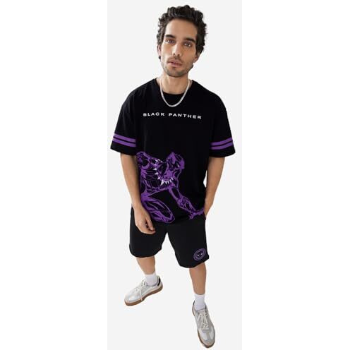 The Souled Store Official Black Panther Panther Power Black Oversized T Shirts For Men Baggy Off-Shoulder Loose Fit Relaxed Drop Shoulder Half Sleeve Round Neck Back Printed