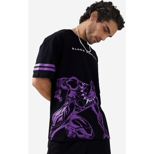 The Souled Store Official Black Panther Panther Power Black Oversized T Shirts For Men Baggy Off-Shoulder Loose Fit Relaxed Drop Shoulder Half Sleeve Round Neck Back Printed