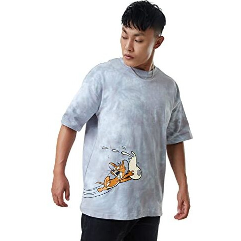 The Souled Store Men Official Tom & Jerry The Chase Grey Printed Oversized T-Shirts