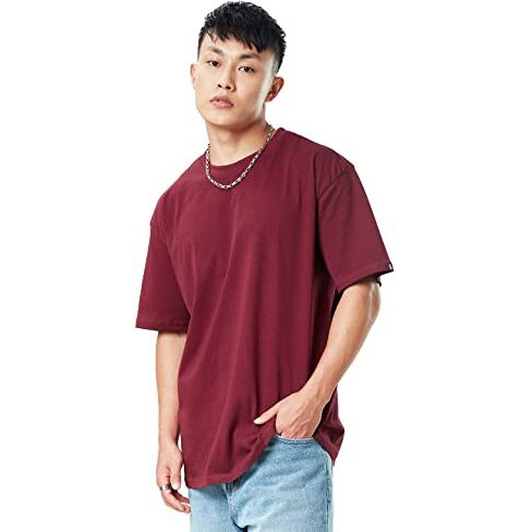 The Souled Store Men Basic Burgundy Solid Oversized T Shirts For Men Baggy Off-Shoulder Loose Fit Relaxed Drop Shoulder Half Sleeve Round Neck Back Printed
