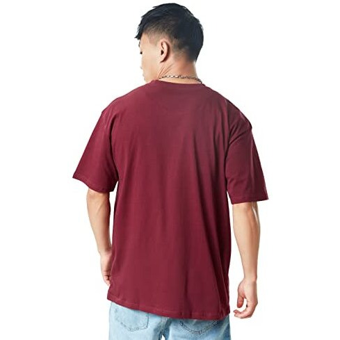 The Souled Store Men Basic Burgundy Solid Oversized T Shirts For Men Baggy Off-Shoulder Loose Fit Relaxed Drop Shoulder Half Sleeve Round Neck Back Printed