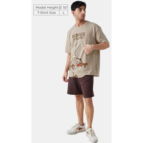 The Souled Store|Official Looney Tunes Magic Mushroom Mens And Boys Oversized T-Shirts|Half Sleeve|Loose Fit Graphic Printed| 80% Cotton 20% Polyester Brown Color Men Oversized T-Shirts