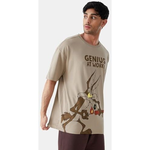 The Souled Store|Official Looney Tunes Magic Mushroom Mens And Boys Oversized T-Shirts|Half Sleeve|Loose Fit Graphic Printed| 80% Cotton 20% Polyester Brown Color Men Oversized T-Shirts