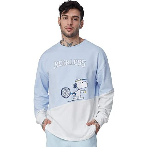 The Souled Store Official Peanuts Recklessfull Sleeve Blue & White Color Full Sleeve Oversized T Shirts For Men Baggy Off-Shoulder Loose Fit Relaxed Drop Shoulder Round Neck Back Printed