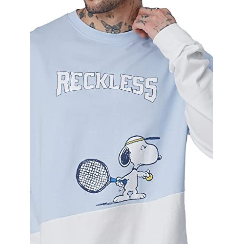 The Souled Store Official Peanuts Recklessfull Sleeve Blue & White Color Full Sleeve Oversized T Shirts For Men Baggy Off-Shoulder Loose Fit Relaxed Drop Shoulder Round Neck Back Printed