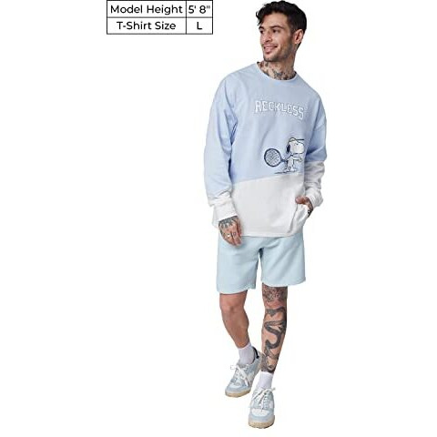 The Souled Store Official Peanuts Recklessfull Sleeve Blue & White Color Full Sleeve Oversized T Shirts For Men Baggy Off-Shoulder Loose Fit Relaxed Drop Shoulder Round Neck Back Printed