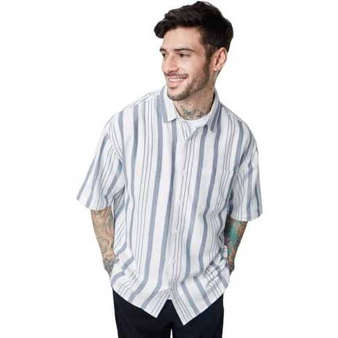 The Souled Store| Solids White And Grey Stripes Mens And Boys Shirts|Half Sleeve|Oversized Fit Stripes|100% Cotton (Poplin) Multicolored Men Oversized Shirts Shirt For Men Casual Half Sleeves Regular