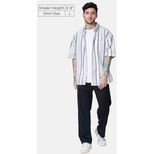 The Souled Store| Solids White And Grey Stripes Mens And Boys Shirts|Half Sleeve|Oversized Fit Stripes|100% Cotton (Poplin) Multicolored Men Oversized Shirts Shirt For Men Casual Half Sleeves Regular