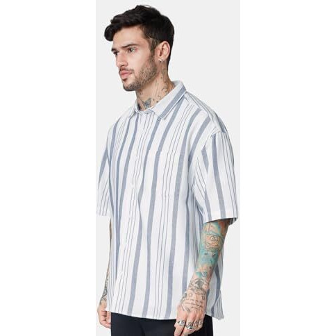 The Souled Store| Solids White And Grey Stripes Mens And Boys Shirts|Half Sleeve|Oversized Fit Stripes|100% Cotton (Poplin) Multicolored Men Oversized Shirts Shirt For Men Casual Half Sleeves Regular