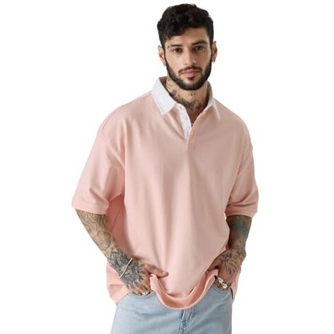 The Souled Store Solids Pink Men And Boys Short Sleeve Collared Neck Oversized Fit Polos