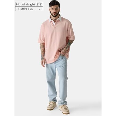 The Souled Store Solids Pink Men And Boys Short Sleeve Collared Neck Oversized Fit Polos