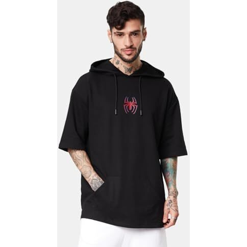 The Souled Store| Official Spider-Man Thwip Mens And Boys T-Shirts|Half Sleeve|Loose Fit Graphic Printed|100% Cotton Black Color Hooded T-Shirts Hooded T-Shirts Fashionable Trendy Graphic Prints
