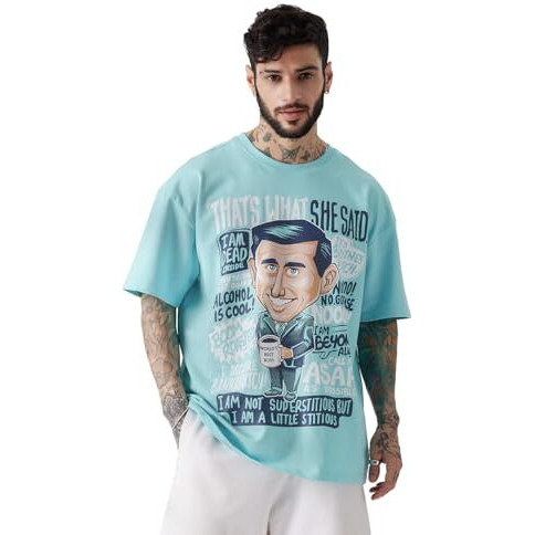 The Souled Store Official The Office Michael Scott Men And Boys Oversized Fit Graphic Printed Half Sleeve Cotton Sky Blue Color Men Oversized T-Shirts