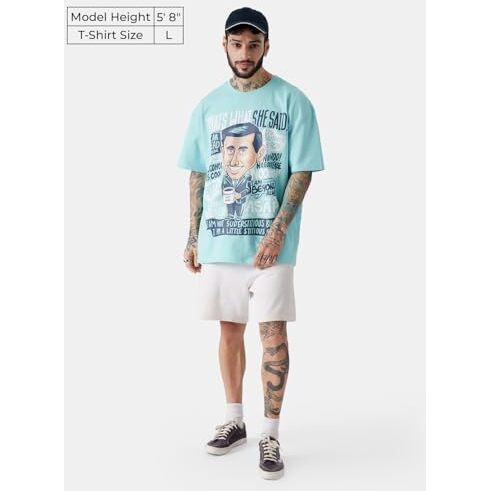 The Souled Store Official The Office Michael Scott Men And Boys Oversized Fit Graphic Printed Half Sleeve Cotton Sky Blue Color Men Oversized T-Shirts