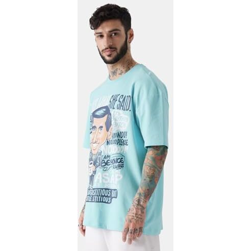 The Souled Store Official The Office Michael Scott Men And Boys Oversized Fit Graphic Printed Half Sleeve Cotton Sky Blue Color Men Oversized T-Shirts