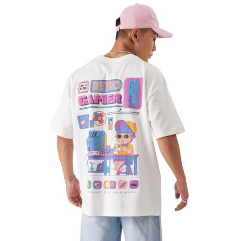 The Souled Store Tss Originals Retro Gamer Men And Boys Oversized Fit Graphic Half Sleeve Cotton White Color Oversized T-Shirts Oversized T-Shirts Fashionable Trendy Graphic Prints Pop Culture