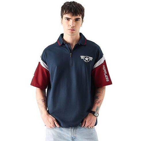 The Souled Store Captain America Super Soldier Mens Oversized Fit Graphic Printed Half Sleeve Cotton Multicolored Oversized Polos Oversized Fit Graphic Polo Colored Half Sleeve Cottonblend