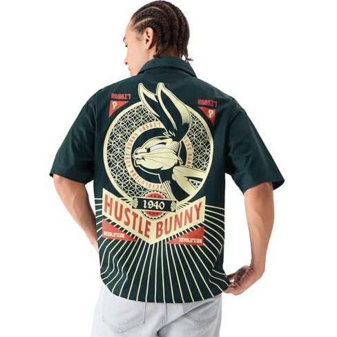 The Souled Store Official Men Looney Tunes Rebel Rabbit Oversized Shirts Navy Blue Cartoon 90S Shirts Casual Button-Down Half Sleeve Printed Graphic Short Sleeve Casual Fashionable Stylish