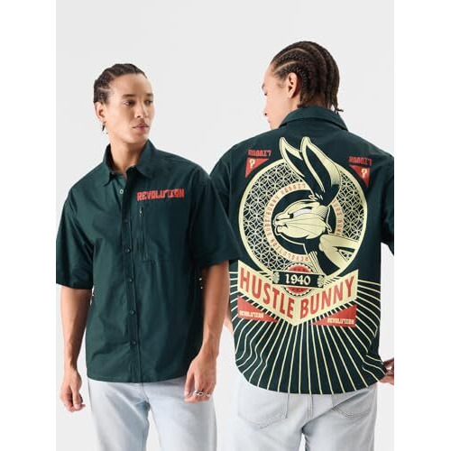 The Souled Store Official Men Looney Tunes Rebel Rabbit Oversized Shirts Navy Blue Cartoon 90S Shirts Casual Button-Down Half Sleeve Printed Graphic Short Sleeve Casual Fashionable Stylish