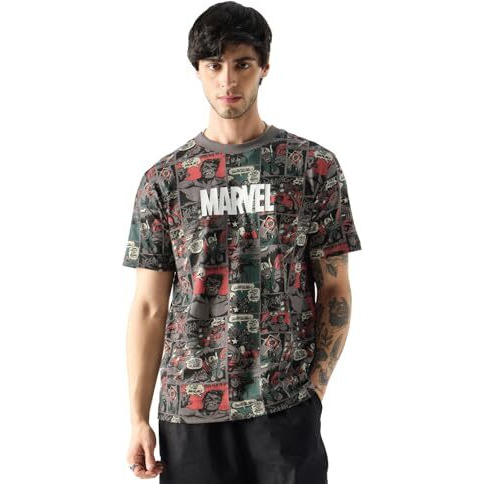 The Souled Store Official Marvel Comic Nerd Men And Boys Short Sleeves Round Neck Grey All Over Printed Cotton T-Shirts