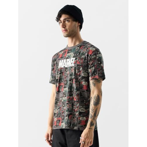 The Souled Store Official Marvel Comic Nerd Men And Boys Short Sleeves Round Neck Grey All Over Printed Cotton T-Shirts