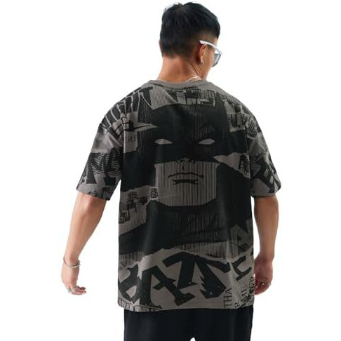 The Souled Store Official Batman Gotham's Saviour Mens And Boys Oversized Fit Graphic Printed Half Sleeve Cotton Grey Color Oversized T-Shirts (229657_Xxl_Grey)