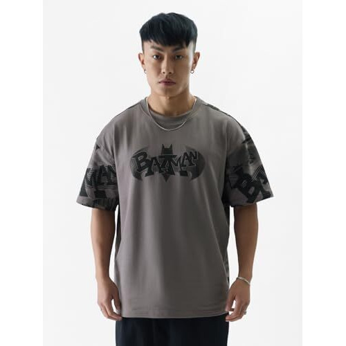The Souled Store Official Batman Gotham's Saviour Mens And Boys Oversized Fit Graphic Printed Half Sleeve Cotton Grey Color Oversized T-Shirts (229657_Xxl_Grey)