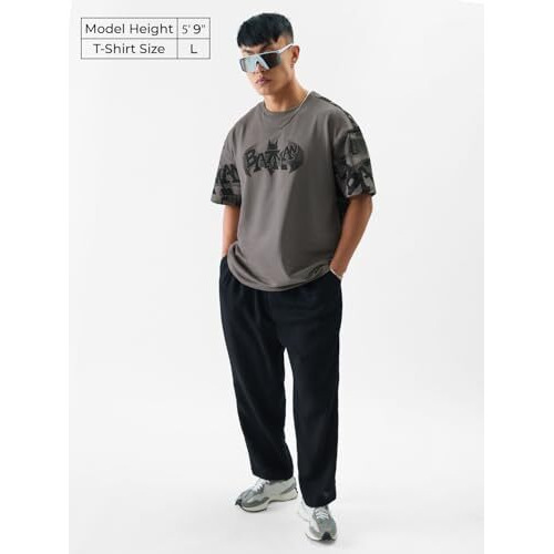 The Souled Store Official Batman Gotham's Saviour Mens And Boys Oversized Fit Graphic Printed Half Sleeve Cotton Grey Color Oversized T-Shirts (229657_Xxl_Grey)