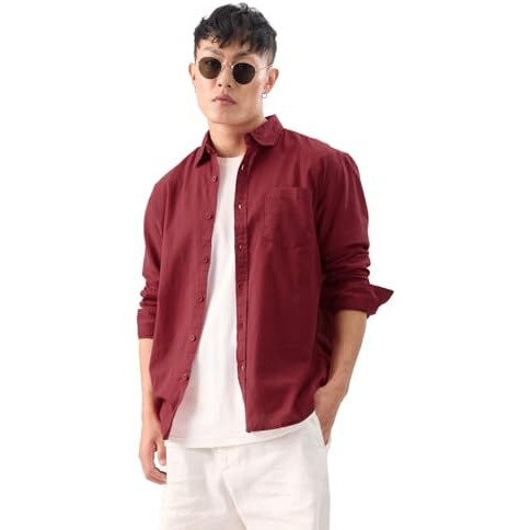 The Souled Store Maroon Mens And Boys Long Sleeves Collared Neck Button Front Oversized Fit Cotton Linen Shirt