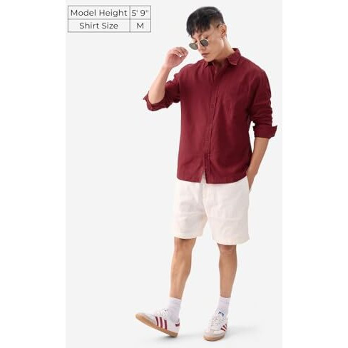 The Souled Store Maroon Mens And Boys Long Sleeves Collared Neck Button Front Oversized Fit Cotton Linen Shirt